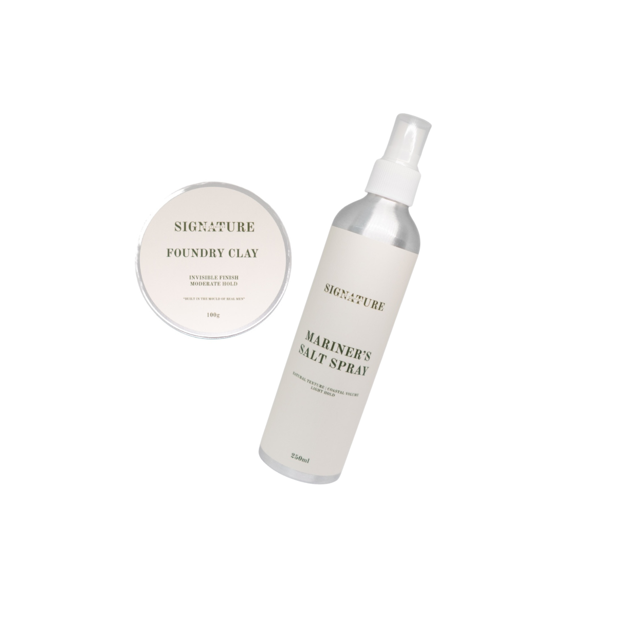 Two products, 'Signature Foundry Clay' and 'Mariner's Salt Spray', on a white background.