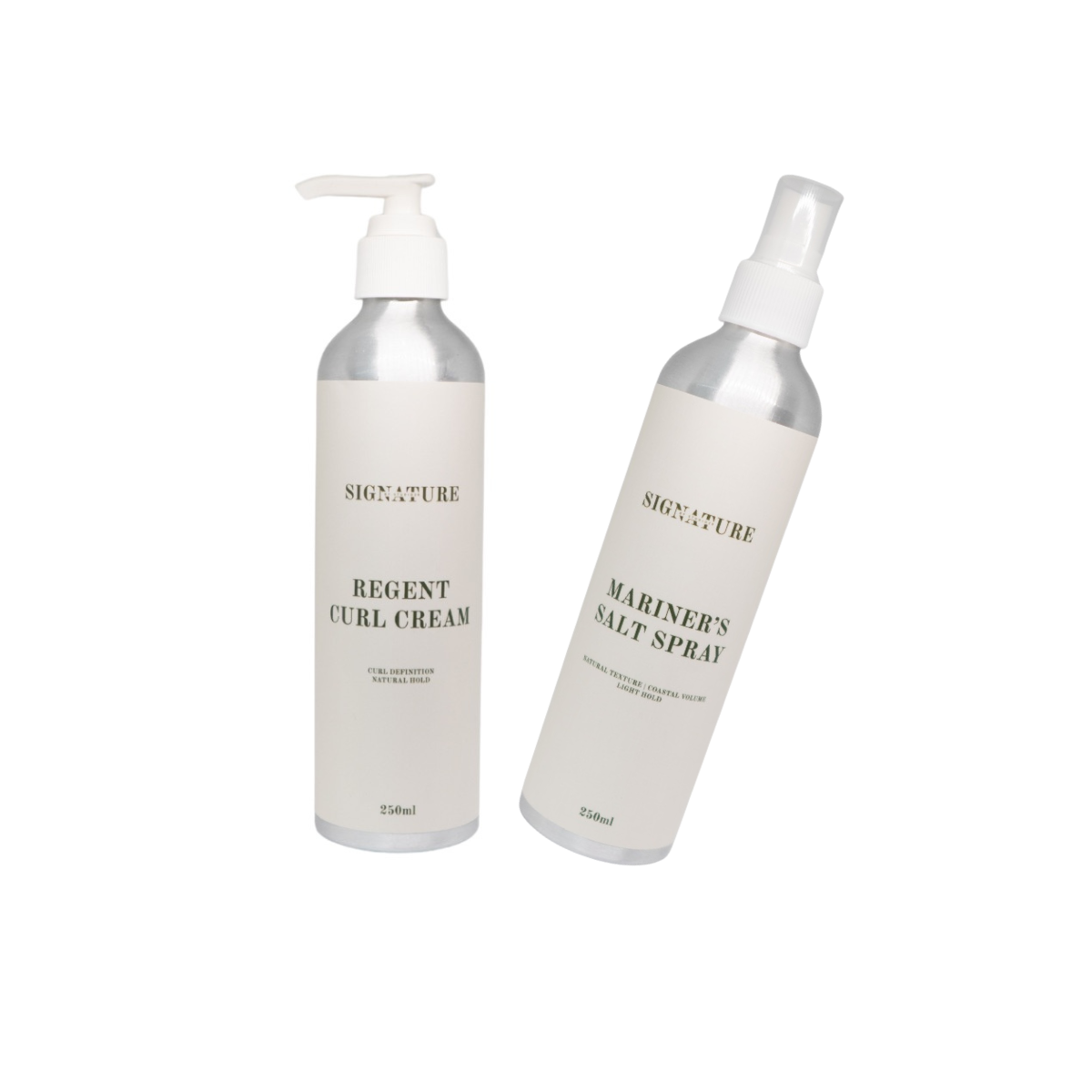 Two bottles of hair care products labeled 'Regent Curl Cream' and 'Mariner's Salt Spray' on a white background.