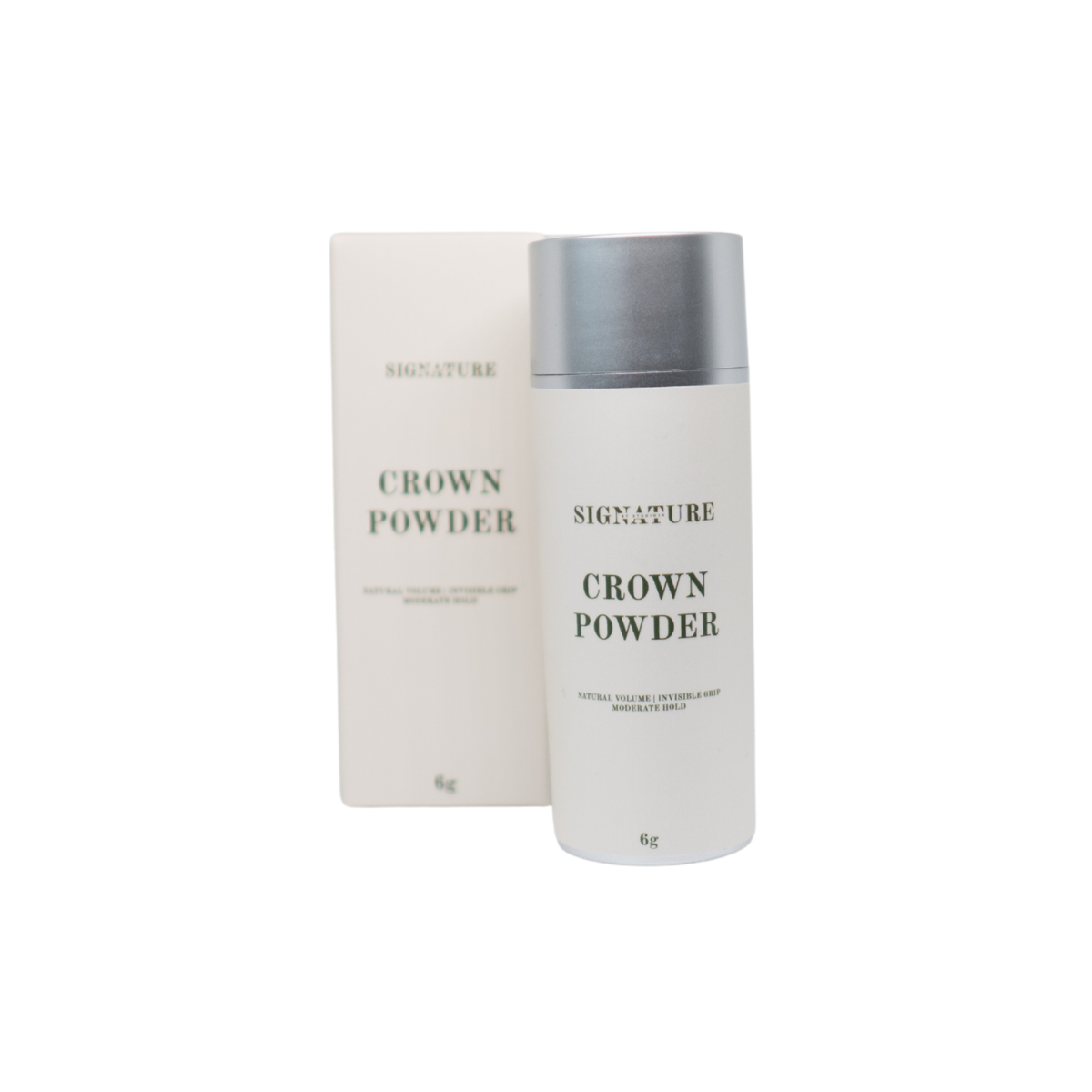 Bottle and packaging of 'Signature Crown Powder' on a white background