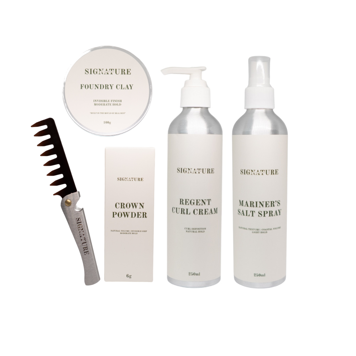 Collection of hair care products including a comb, clay, powder, cream, and spray on a white background.