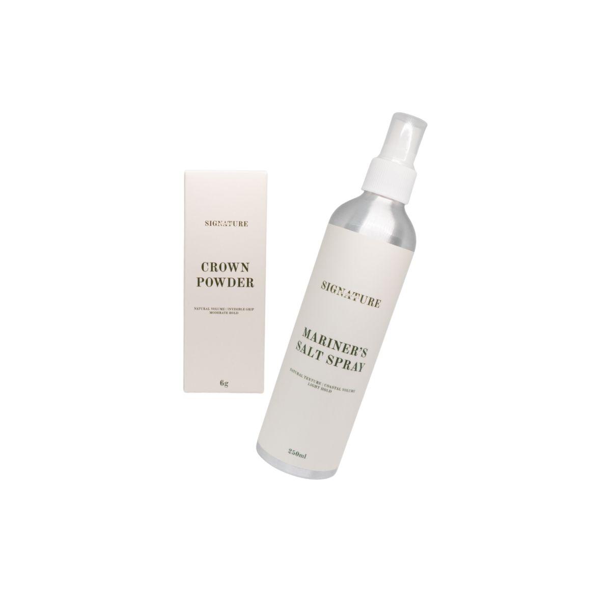 Bottle of 'Mariner's Salt Spray' and a box labeled 'Crown Powder' on a white background