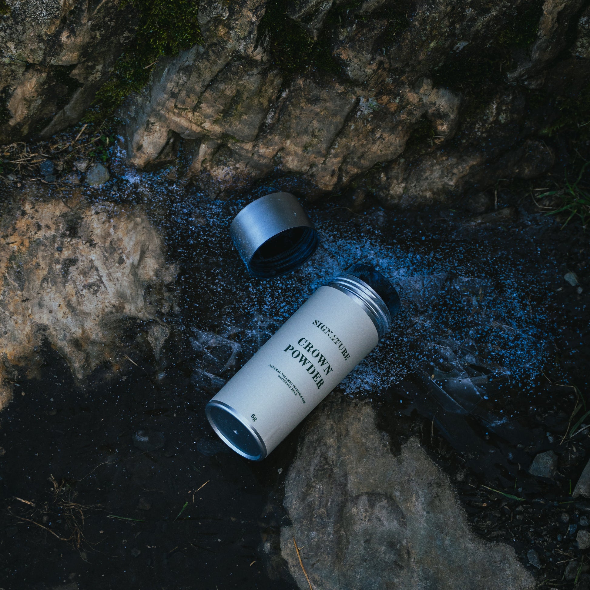 Hair powder on a textured stone surface