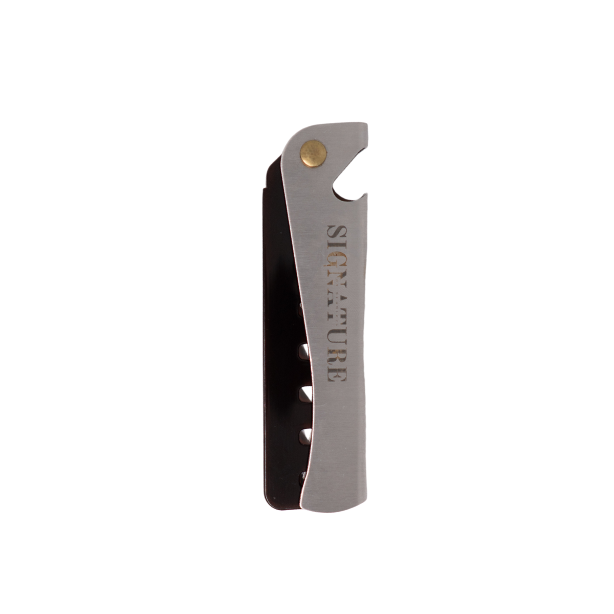 Metallic bottle opener with 'Signature' branding on a white background