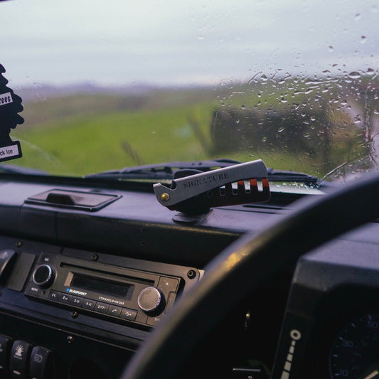 Car interior with a mounted device on the dashboard, looking out at a rainy windshield.